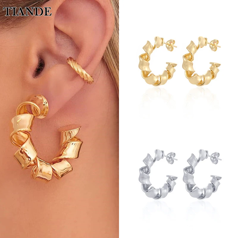 

TIANDE Silver Color Gold Plated Stud Earrings for Women Distortion Interweave Piercing Hoop Earrings 2022 Jewelry Wholesale