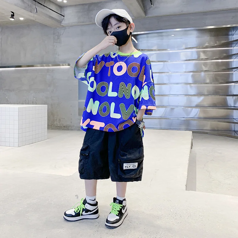 

Teen Boys Clothes Set Summer Boys Letter Print Tops T-shirt+Cargo Shorts 2pcs Children Outfit School Boy Tracksuit 4 6 10 12 14Y
