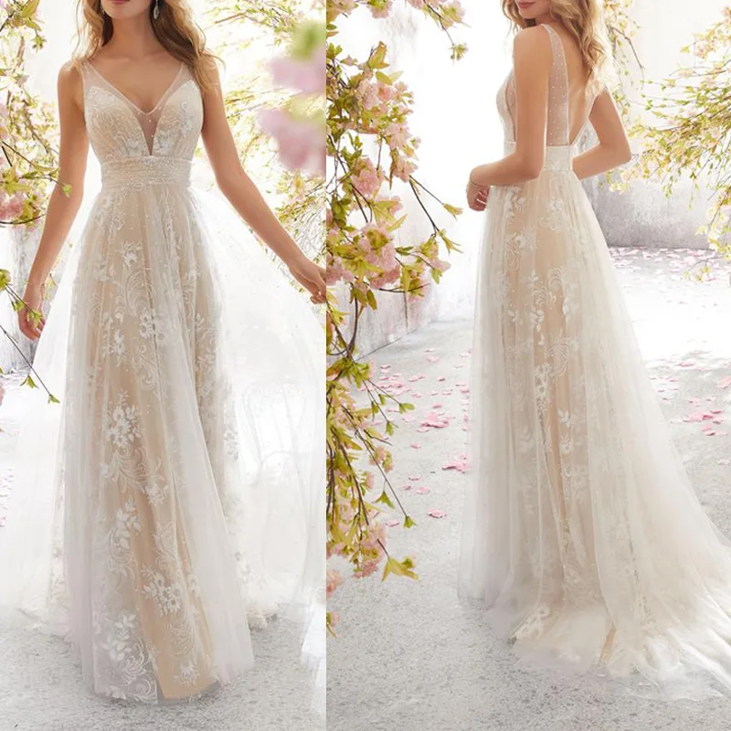

2023 Women's New Wedding Dress Sexy V-neck Sleeveless Lace Wedding Dress Women Wedding Dresses