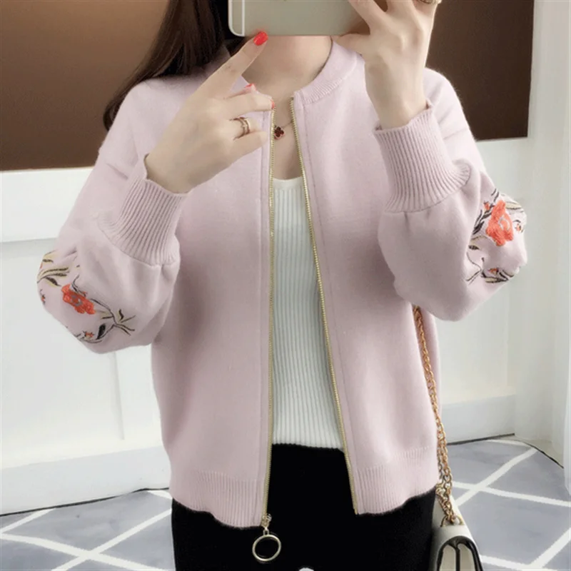 

Autumn Spring Fashion Embroidery Knit Cardigan Women Sweater Jumper Ladies Loose Long Sleeve Zipper Knitted Jacket Coat Female
