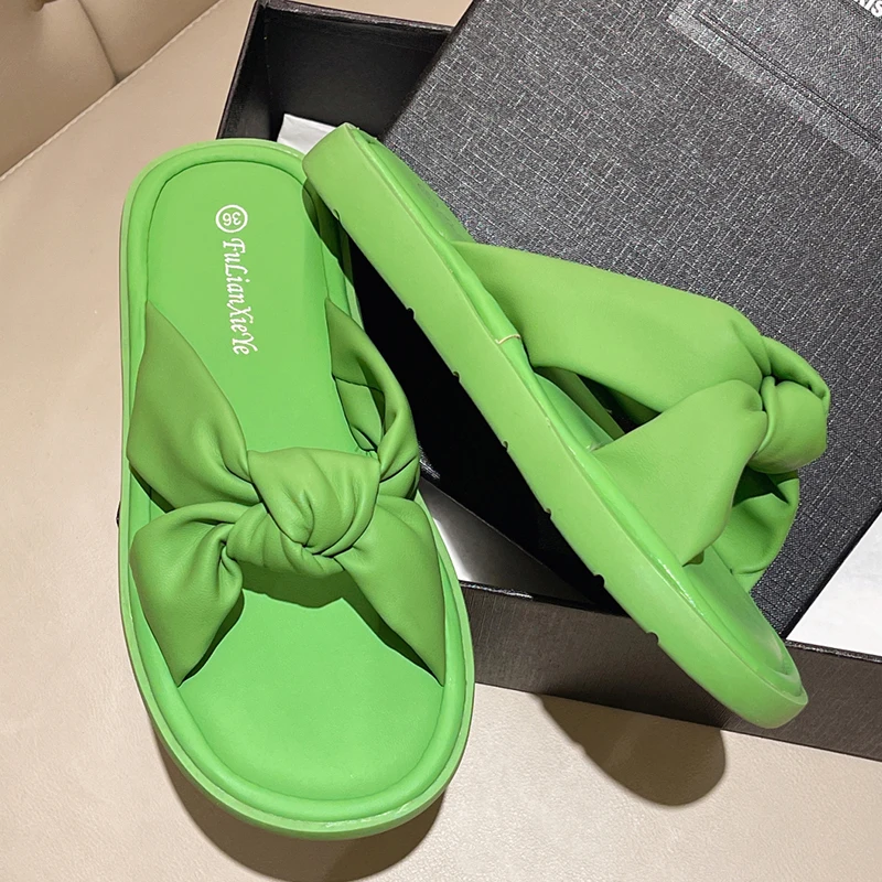 

Шлепанцы женские с бантом-бабочкой, повседневные сланцы, цвет зеленый, лето 2022