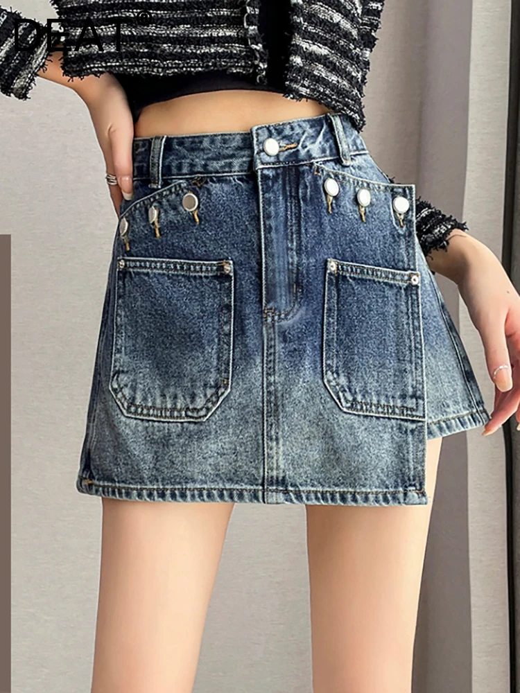 

DEAT Fashion Women Skirt Slim High Waist Fake Two Pieces Irregular Buttons Solid Color Mini Denim Skirts Summer 2023 New 17A9203
