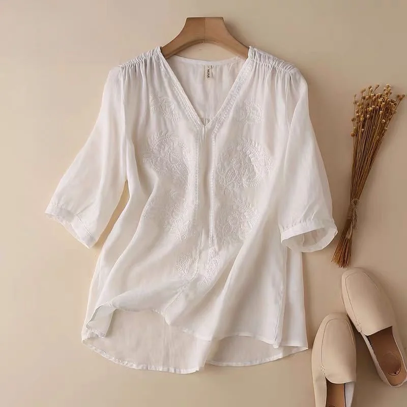 

2023 Summer New Women's Shirts Cotton and Hemp Embroidery Solid V-neck Loose Casual Mid Sleeve Shirt and Blouses for Women