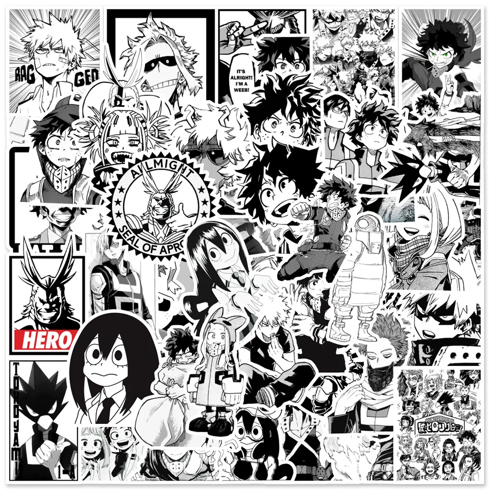 

10/30/50pcs Anime Black White My Hero Academia Character Stickers Japan Anime Summary Skateboard Luggage Car Sticker Kids Toys