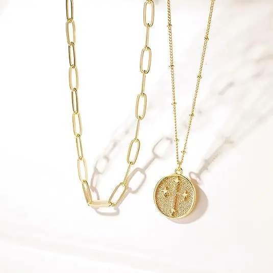 

Layered Round Card Cross Necklace Pendant Handmade 18k Gold Plated Dainty Gold Arrow Women's Layered Long Necklace