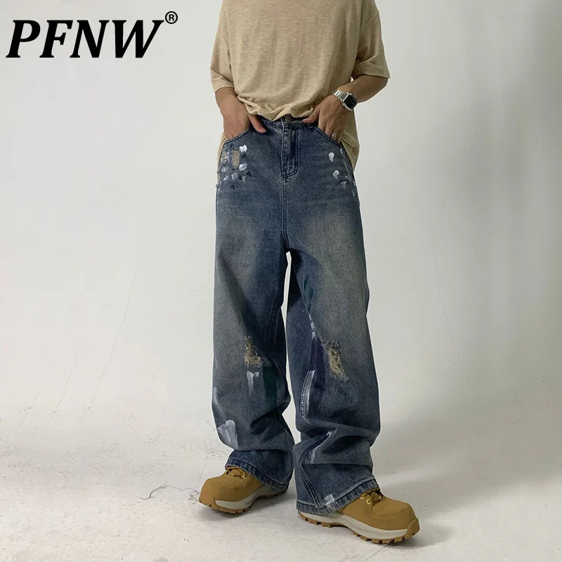 

PFNW Spring Autumn Men's Jeans Vintage High Street Style Paint Brushing Design Fashion Straight Casual Denim Trousers 28A0503