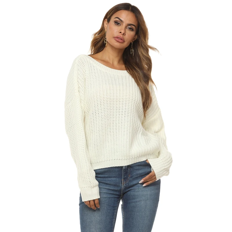 

Hot Kf-Women Backless Knitted Sweater Casual Loose Long Sleeve Pullovers Knitted Sweater