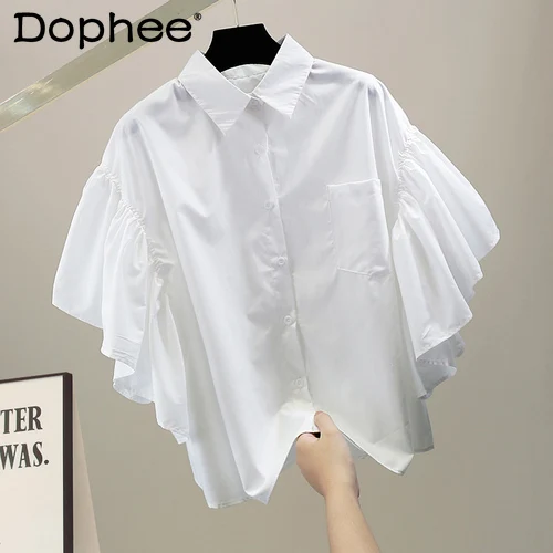 

Fashion Ruffles Blouse for Women Stitching Flying Sleeves Casual Loose Cotton Shirt Female Original Design Solid Color Blusas