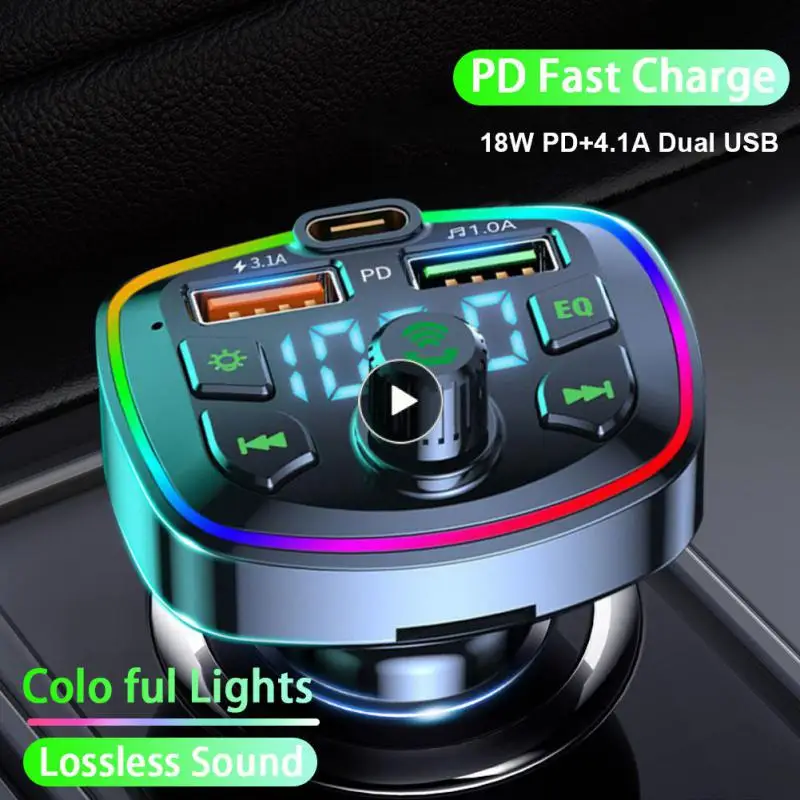 

Dual Usb Cigarette Lighter Pd 18w Type-c 3.1a Colorful Ambient Light Fast Charging Mp3 Music Player Hands-free Car Accessories