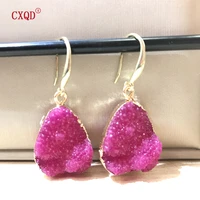 cxqd 1 pair european colorful water drop dangle earrings pink black resin c shaped ear hook drusy for women jewelry gift ym0071