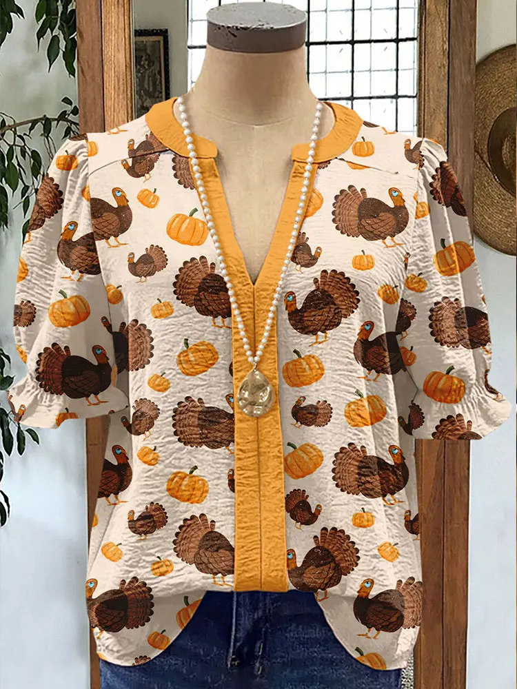 Женская блузка с рукавами-фонариками и принтом турецкой тыквы на День