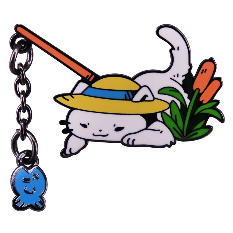 

Funny Cute Cat Fishing Cartoon Metal Enamel Clothes Hat Bag Coats Lapel Badge Brooch Pin