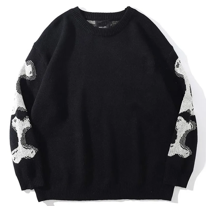 Men Oversized Sweater Black Loose Skeleton Bone Print Women Vintage Retro Knitted Sweater 2023 Autumn Cotton Pullover Unisex
