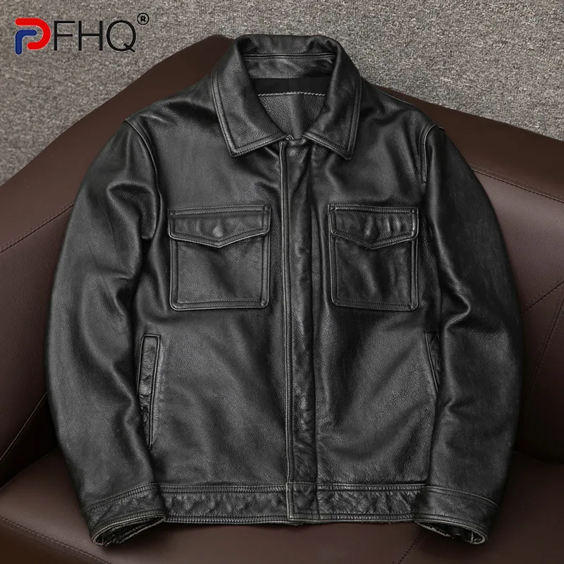 

PFHQ Autumn Leather Coat Men's Lapel Short Leather Jackets High Street Darkwear Personality Cool Turn-down Collar Tops 21Z1772