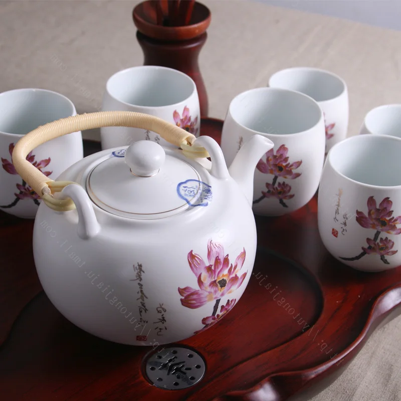 

Ceramic Jingdezhen 7-head tea set with beams, lotus flower, gentleman's Kung Fu Tea Set