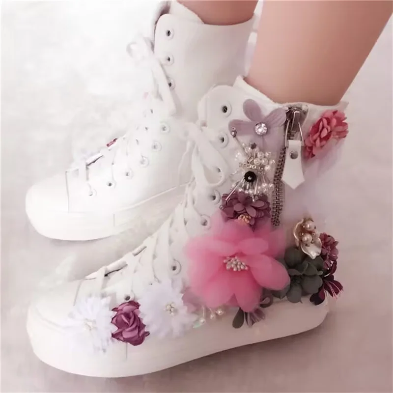 

Lace flower beaded handmade custom canvas shoes High top lace-up pearl casual sneakers women's 35-40