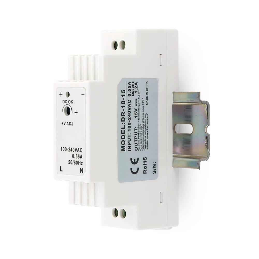 Фото Блок питания DR-18-15 15В 1.2А 18Вт на DIN-рейку, AC100-240В, с LED-индикатором, для систем видеонаблюдения, домофонов, дверных звонков, с защитой от перегрузки, CE RoHS №5