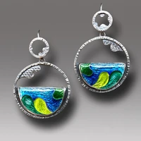 vintage round metal paste blue pattern drop earrings womens jewelry
