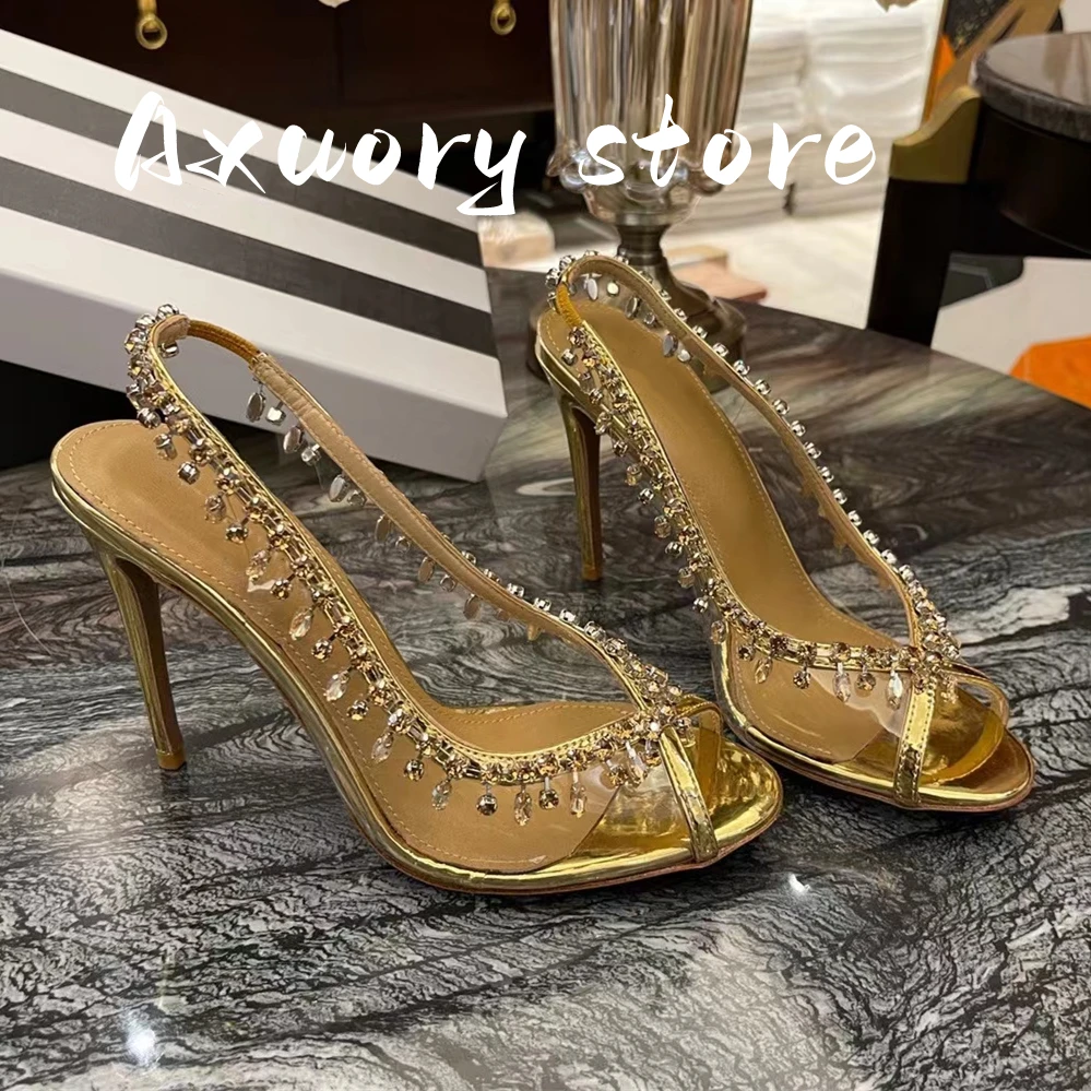 2023 New Women Stiletto Thin High Heels Crystal Pumps Sexy Peep Toe Wedding Bridals Shoes Glass Slipper