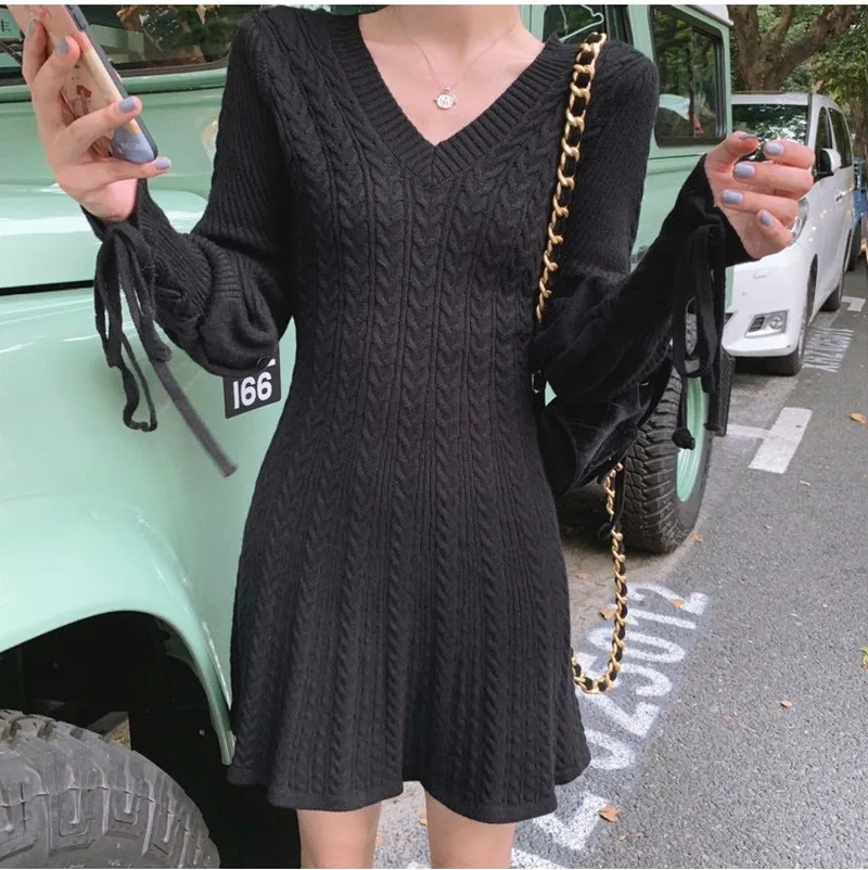 

Autumn Winter Women's Elegant Korean Lace Lantern Sleeve Temperament V-neck Twisted Knitted Long-sleeved Sweater A-line Dress