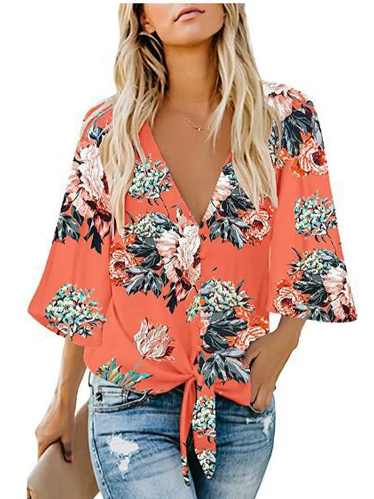 

Floral Print Shirts Women Summer Blouse Flower Casual Short Batwing Sleeve Loose Fitting Shirts Boho Knot Tops Shirts Blouse