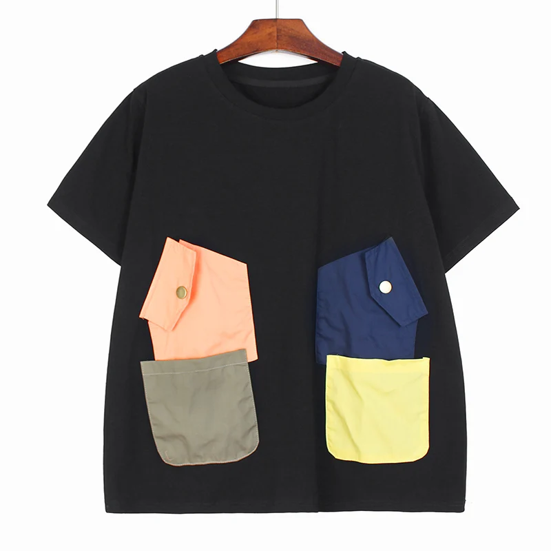 

220539 Contrast Color Patchwork T-shirt Patchwork Pocket Loose Casual Fashion Simplicity Personality All-match Summer Tops