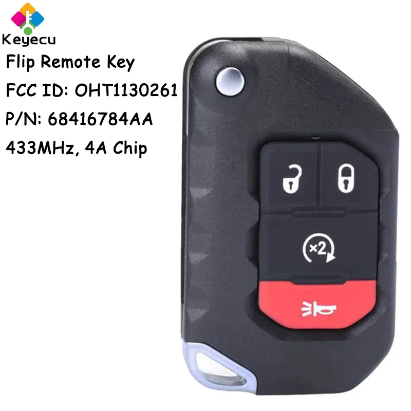 

KEYECU Flip Remote Control Car Key With 4 Buttons 433MHz 4A Chip for Jeep Wrangler Gladiator 2018-2022 Fob OHT1130261 68416784AA