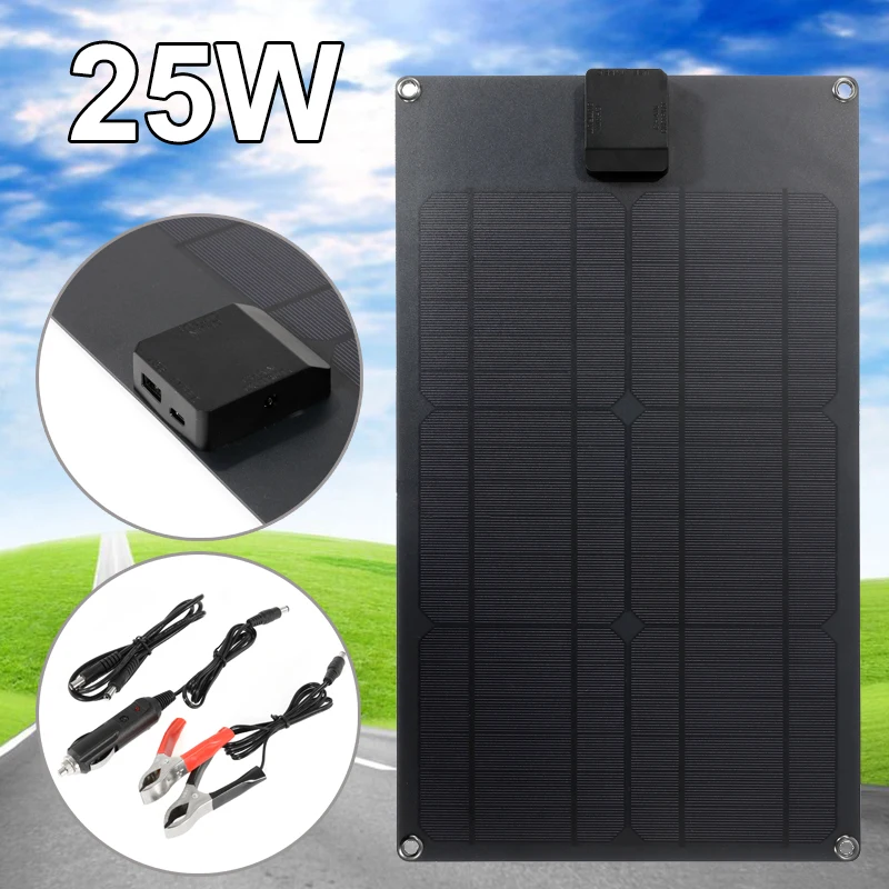 

18V Solar Panel USB Type C Dual Port Solar Cell Solar System Solar Panel Kit with Car Charging Cable and Alligator Clip Cable