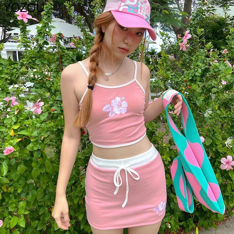 

YOZOU 2022 Summer Pink Cute Kawaii 2 Pieces Set Dress Sets Floral Embroidery Crop Camis Top Mini Skirts Y2k Rave Outfits Co Ord