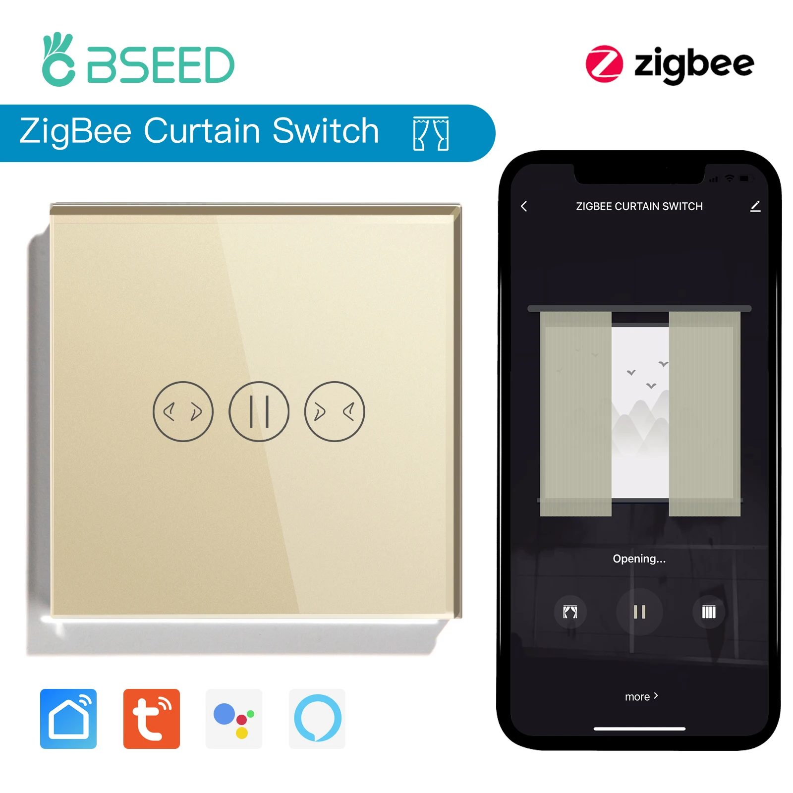 

BSEED Zigbee Curtain Switch Беспроводной умный переключатель штор Tuya Google Home Alexa Голосовое управление Стеклянная панель 5A с нейтралью