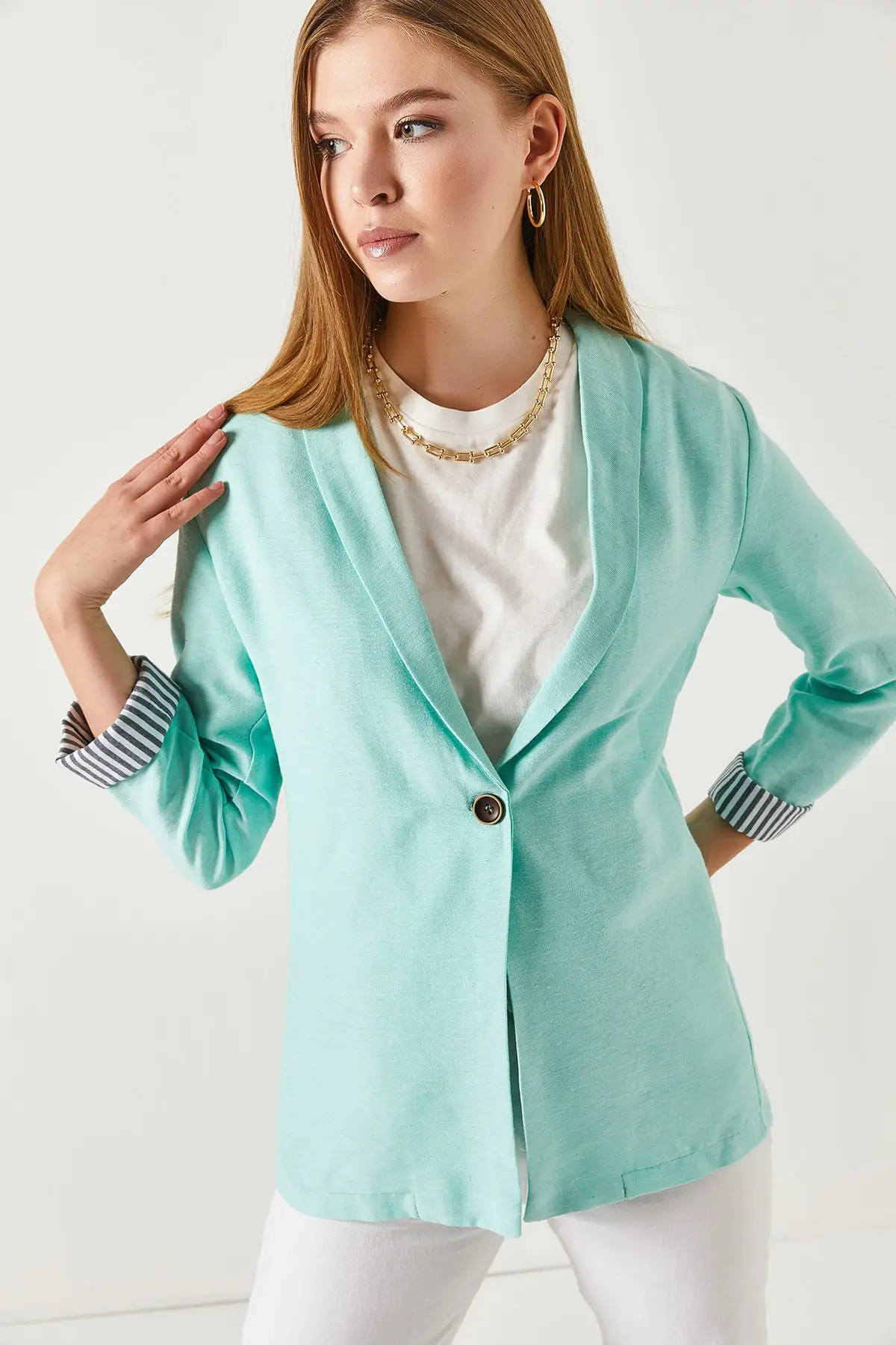

Women's Turquoise Sleeve Striped Single Button Jacket ARM-22K001122 Plain Weave Regular Business Cotton