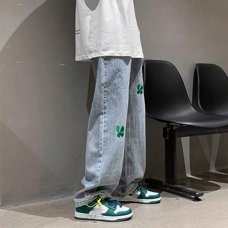 Men's Vintage Embroidered Baggy Denim Jeans, Y2K Style Wide Leg Pants for Spring and Casual Wear