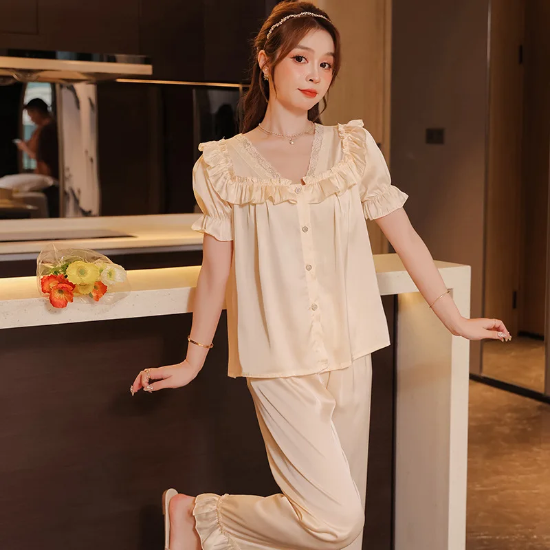 French Palace Princess Style Ice Silk Pajamas for Women Thin Cool Feeling Solid Color Sleepwear Set with V-neck Loose Loungewear