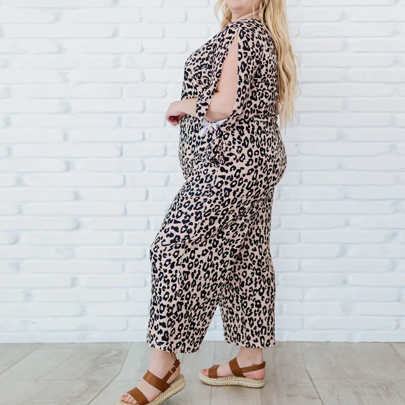 Best-Selling Leopard Print Tie-Dye One-Piece Trousers Summer New Large Size Half Sleeve round Neck Trousers Suit for Women