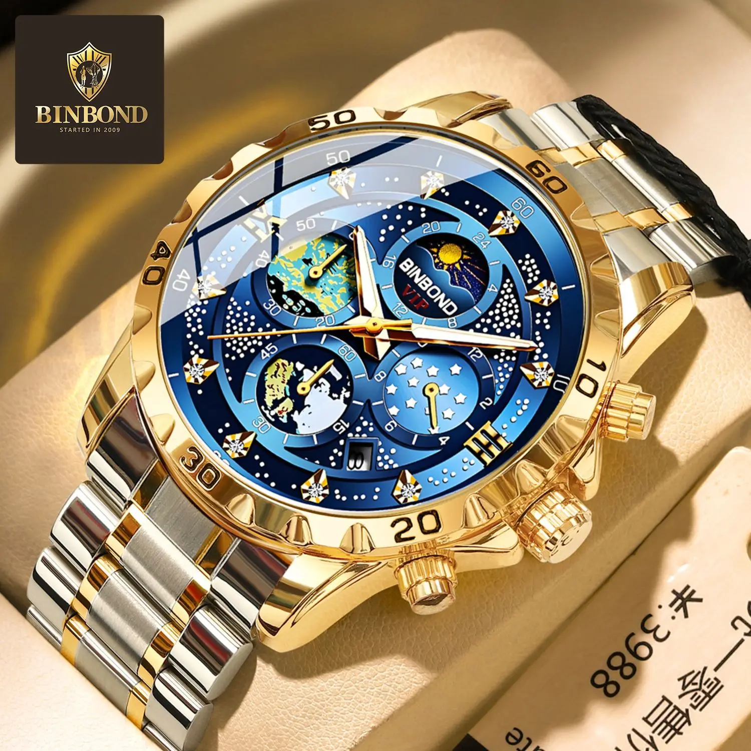 BINBOND мужские кварцевые часы из нержавеющей стали многофункциональные