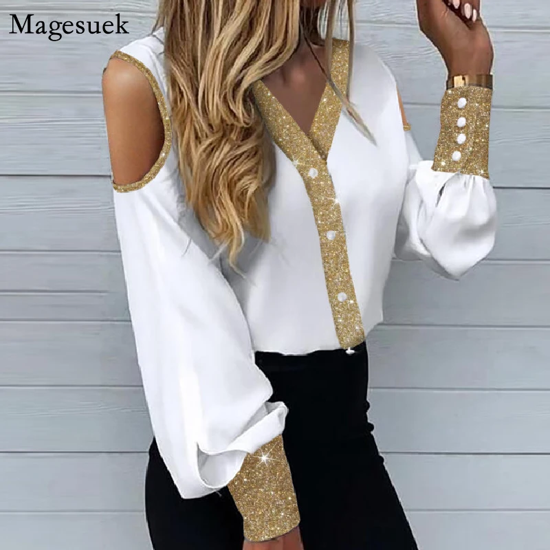 

Женская блузка на пуговицах с длинным рукавом и V-образным вырезом