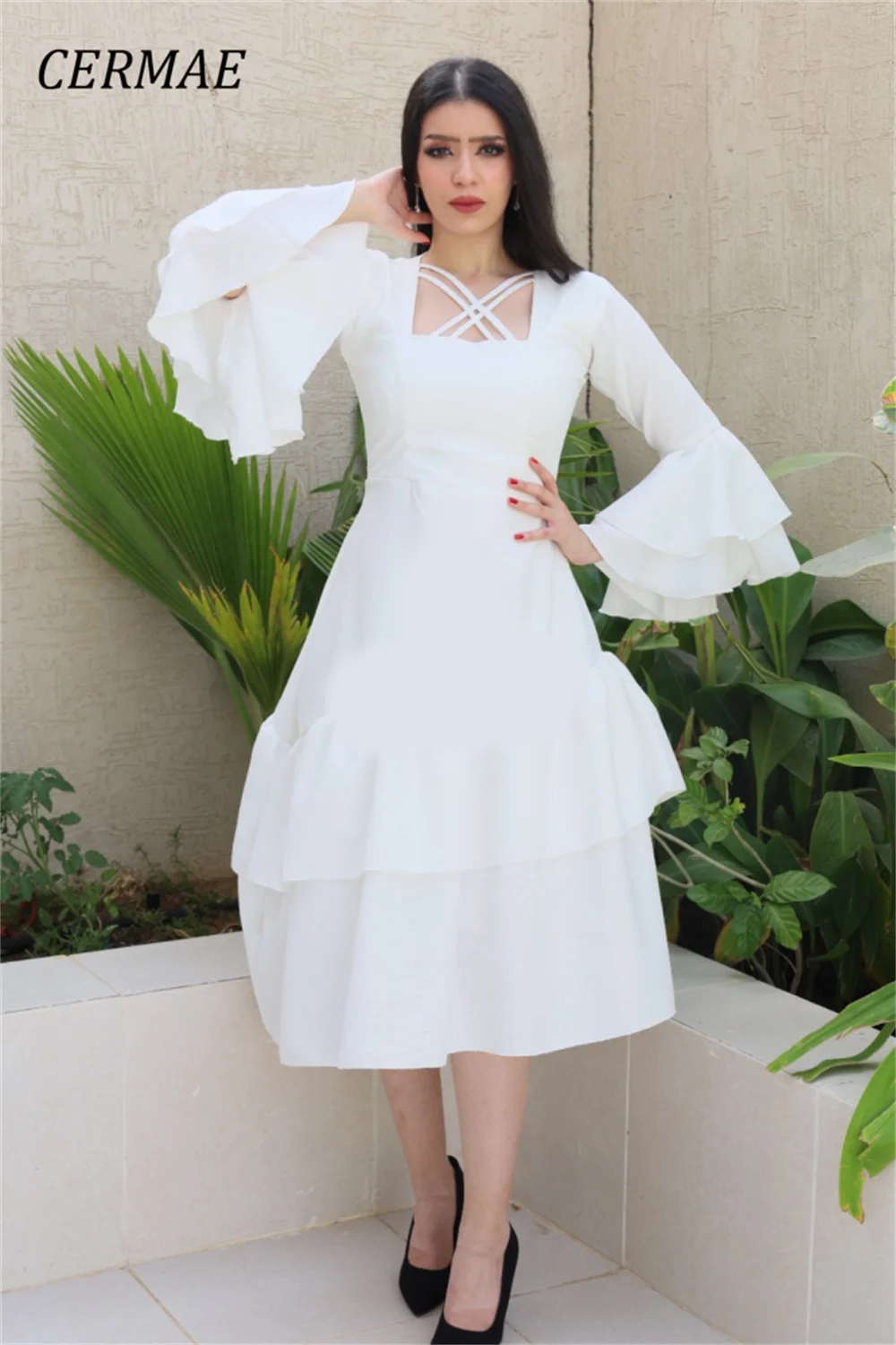 

CERMAE Square Collar Ruffled A-Line Pleat Elegant Chiffon Evening Gown Prom Long White Party Dresses for Women 2023