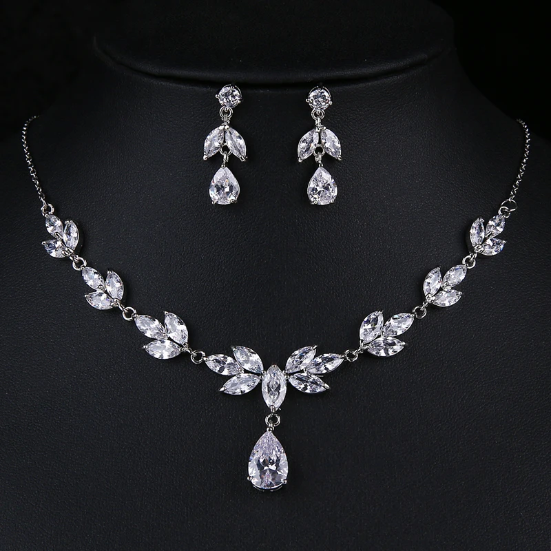 

AMC Bridal Luxury Water Drop Earring Necklace 2pc Set Zircon Silver/Gold Color Wedding Party Jewelry Accessories Gifts for Women