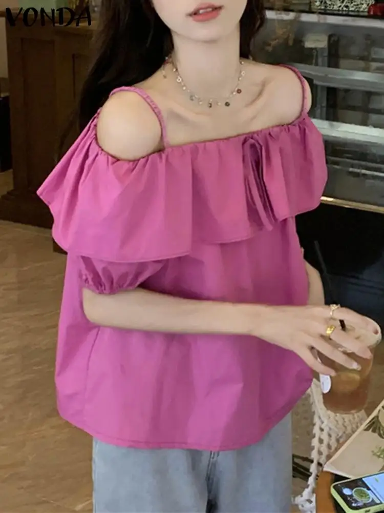 

VONDA Summer Blouses Women Off Shoulder Sexy Tops 2023 Fashion Casual Ruffled Shirts Loose Solid Color Short Sleeve Blusas Femme