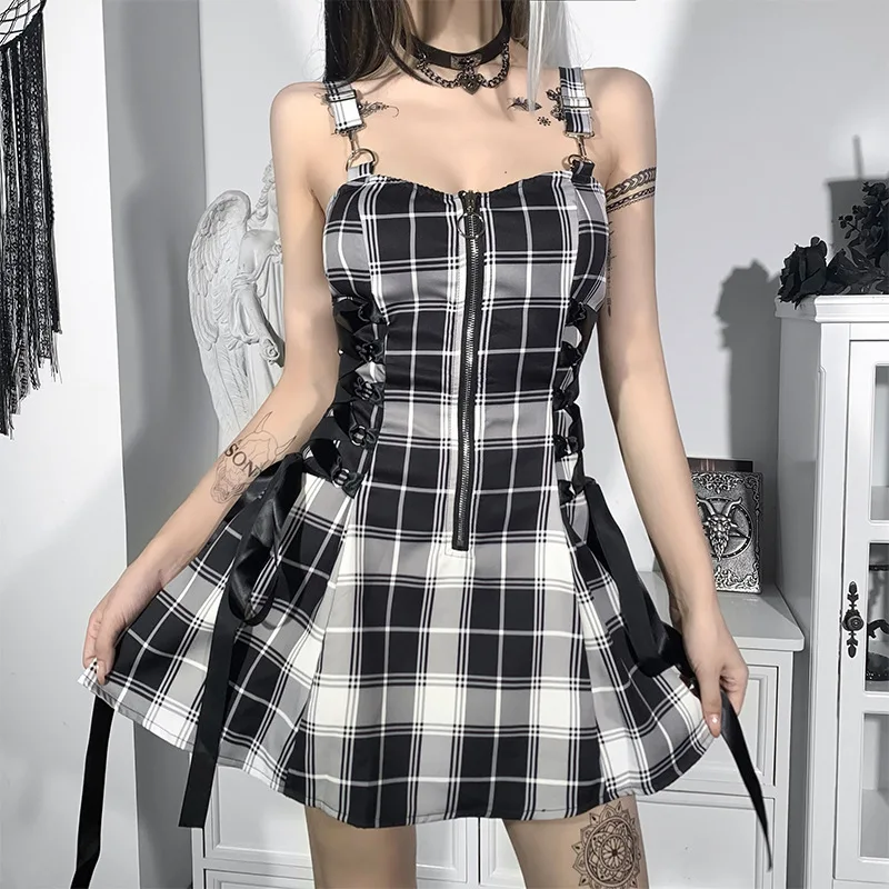 

Gothic Dress Summer And Autumn Temperament Sexy Plaid Models 2023 Casual Slim Zipper Design Sense Of Fashion Women Goth dress