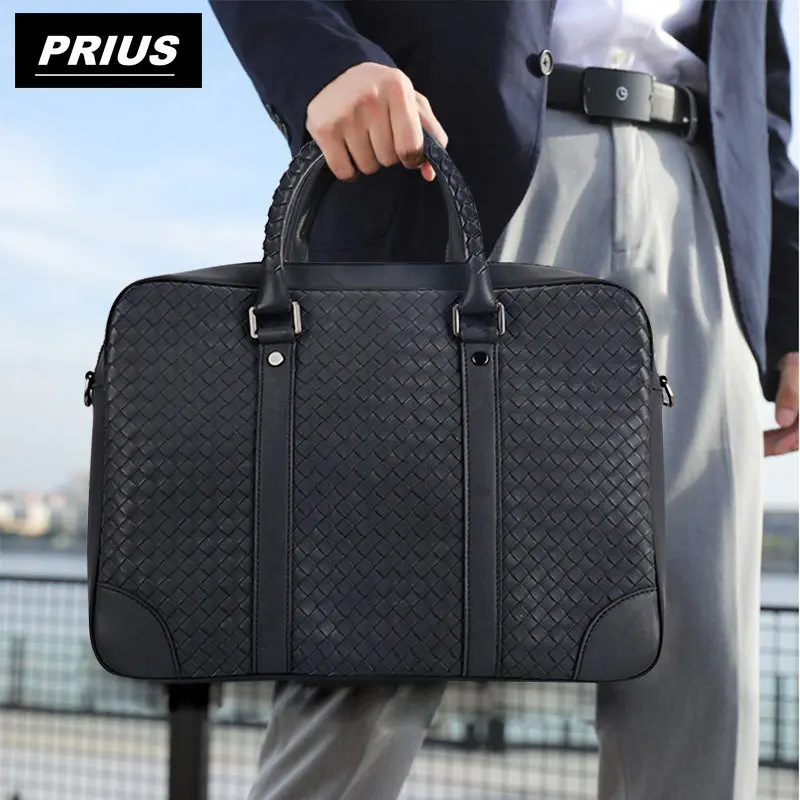 2023 New Men's 100% leather woven luxury business briefcase leather business bag fashion handbag shoulder bag