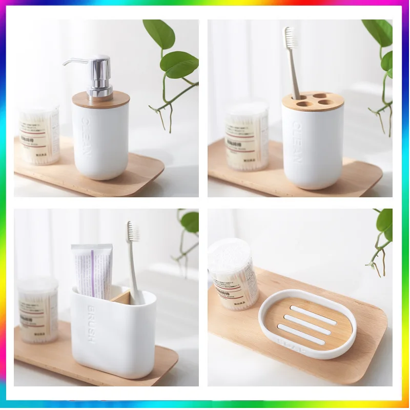 

Bathroom Accessories Set Resin and Wood Soap Lotion Dispenser Toothbrush Holder Soap Dish Tumbler Pump Bottle Cup