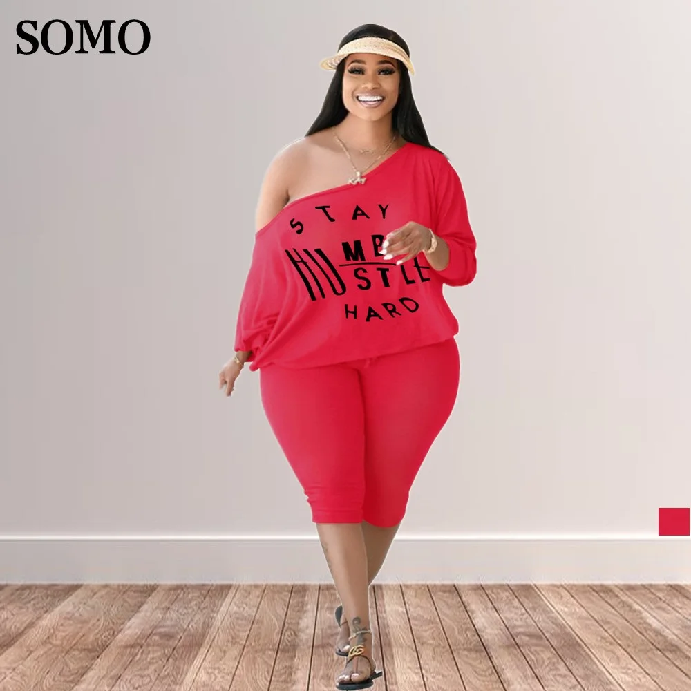

Letter Printed Plus Size Tracksuit Women Bat Sleeve Sexy Slash Neck and Shorts Outfits Two Piece Set Wholesale Dropshipping