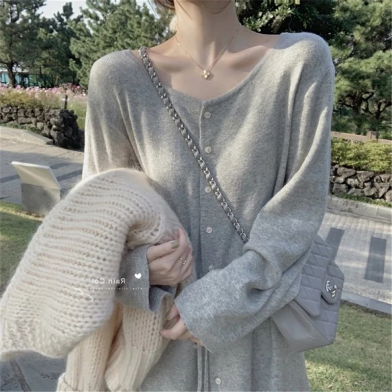 

Limiguyue Knitted Sweater Dress Loose Sashes Korean Long Sleeve Gentle Midi Dresses Casual O-neck Single Breasted Straight Dress