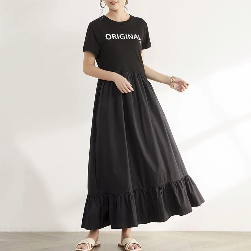 

Women Summer Black Casual Long Dress Print Letter Patchwork Loose Fashion Maxi Dress Girl Robe Daily Street Work Wear OL Dating
