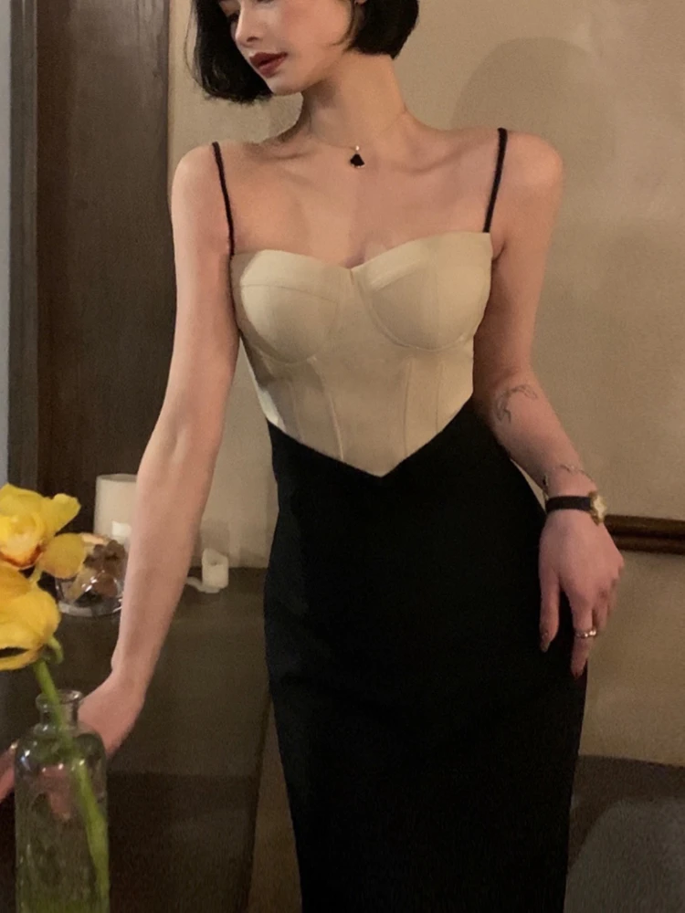 

France Vintage Evening Party Midi Dress Women Bodycon Sexy Korean Style Elegant Strap Dress Casual Retro One-piece Dress Summer