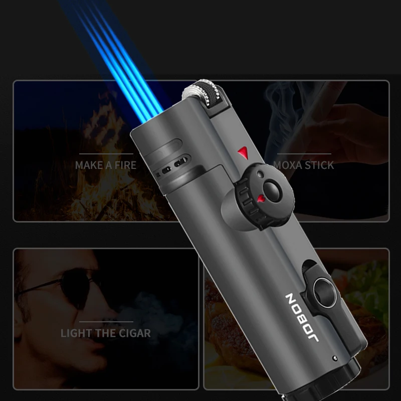 Inflatable Metal Grinding Wheel Four-fire Straight-through Windproof Blue Flame Lighter Visible Transom Cigarette Lighter