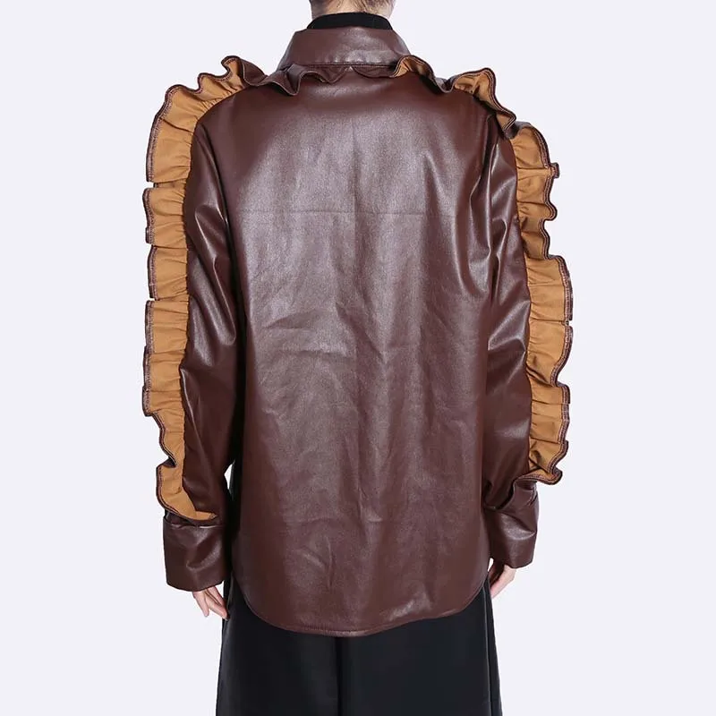 LXUNYI Faux Leather Blouse Woman Personality Ruffles Patchwork Zipper Coat Single Breasted Casual Loose PU Leather Jacket