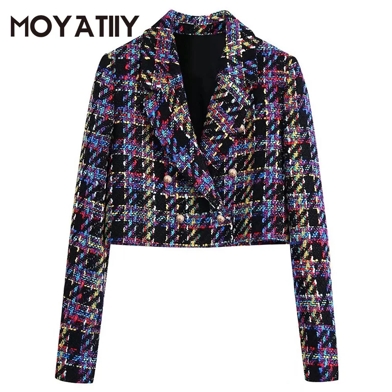 

MOYATIIY Women 2022 Fashion Tweed Cropped Blazer Coat Highstreet Metal Button Overcoats Long Sleeve Female Tops