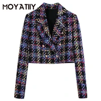 moyatiiy women 2022 fashion tweed cropped blazer coat highstreet metal button overcoats long sleeve female tops